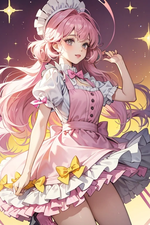 Bubbleisha has pink lipstick and pale pink eye-shadow. Her pink hair is worn loose in multiple thick curls, including her left-swept bangs. She wears a hot pink headband with violet sphere chef hat attached to a yellow gumball base. The dress is pale pink with a trim of hot pink around the bottom, a pink bow-tie, and a pale yellow apron with pink buttons. Her shoes are pink and yellow. SPARKLE; GLITTER