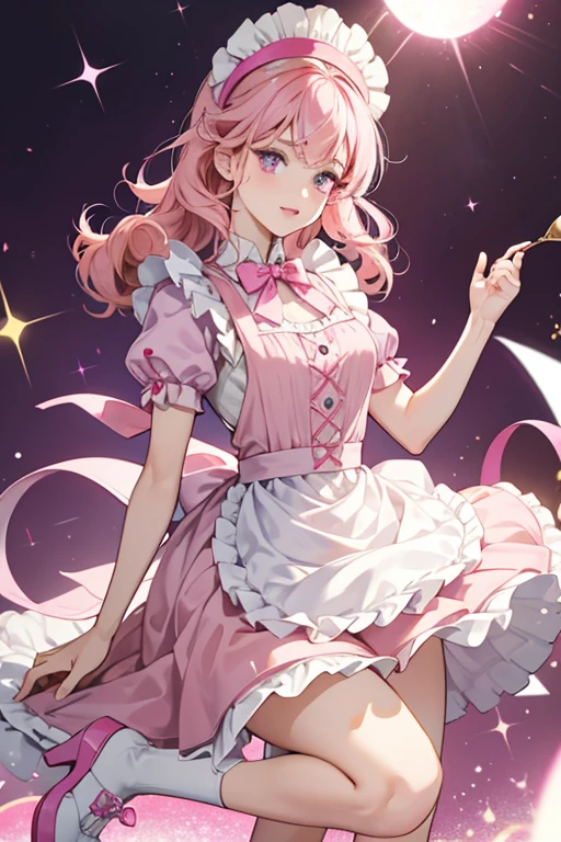 Bubbleisha has pink lipstick and pale pink eye-shadow. Her pink hair is worn loose in multiple thick curls, including her left-swept bangs. She wears a hot pink headband with violet sphere chef hat attached to a yellow gumball base. The dress is pale pink with a trim of hot pink around the bottom, a pink bow-tie, and a pale yellow apron with pink buttons. Her shoes are pink and yellow. SPARKLE; GLITTER