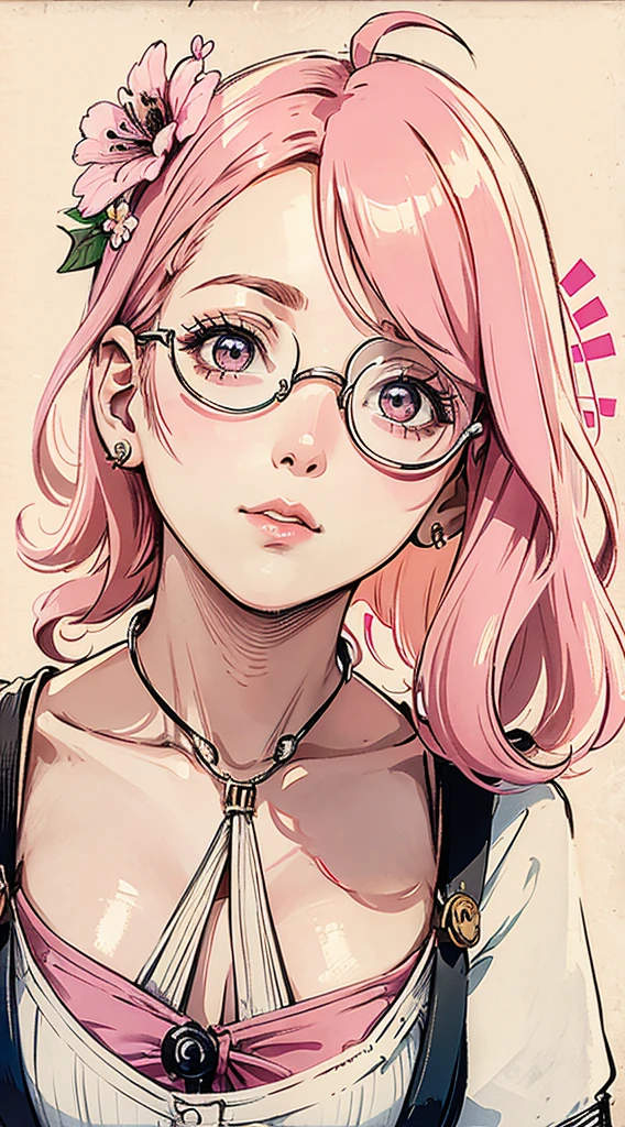 (work of art:1.2, best qualityer), (dynamic lighting) 1 lady, standing alone, shorth hair, breasts big, (shining skin:1.2), trunk, monocle, cups, moderno, wavy pink hair,suspenders, flower in the ear, Harajuku style, clip, ,Ahoge
