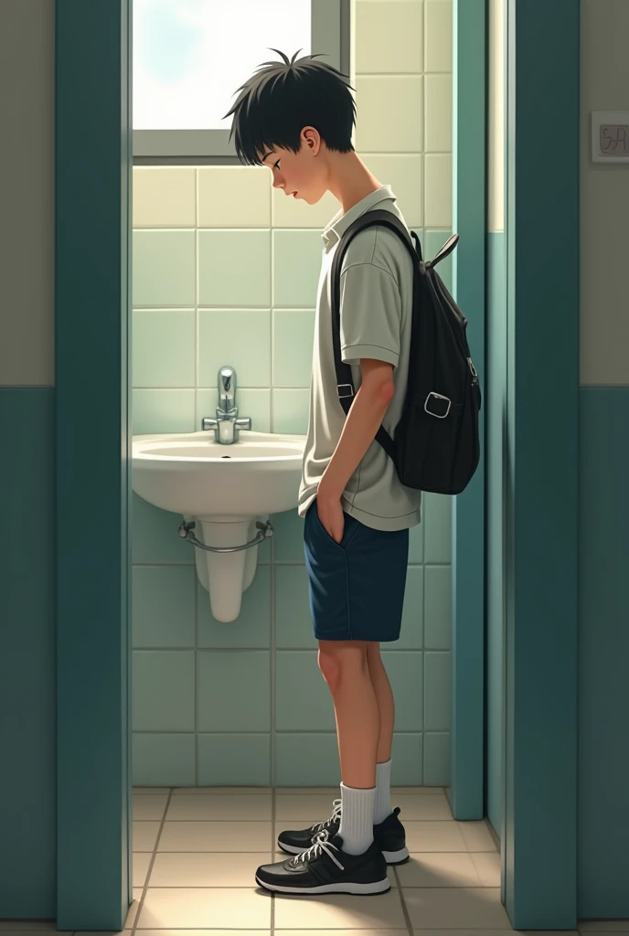 A high school boy peeing