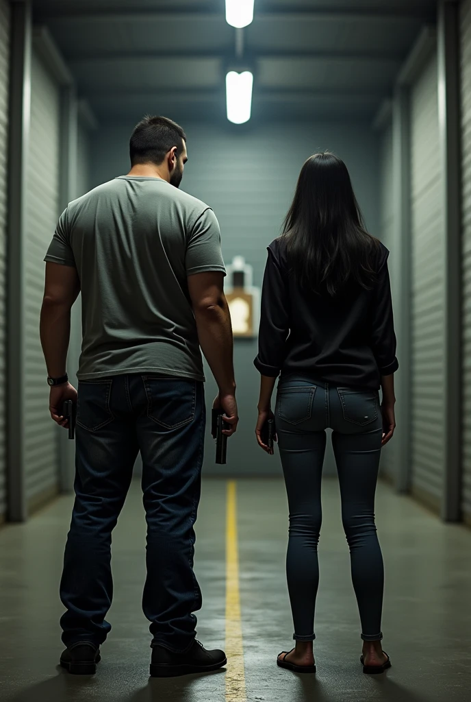 Large, poorly lit shooting range, with gray brick walls, with several distant targets ahead. There are 2 people side by side, a strong man in a gray t-shirt, jeans carrying a pistol and a thin woman with long black hair in a black jacket and jeans carrying a pistol, both pointing their guns at the targets.