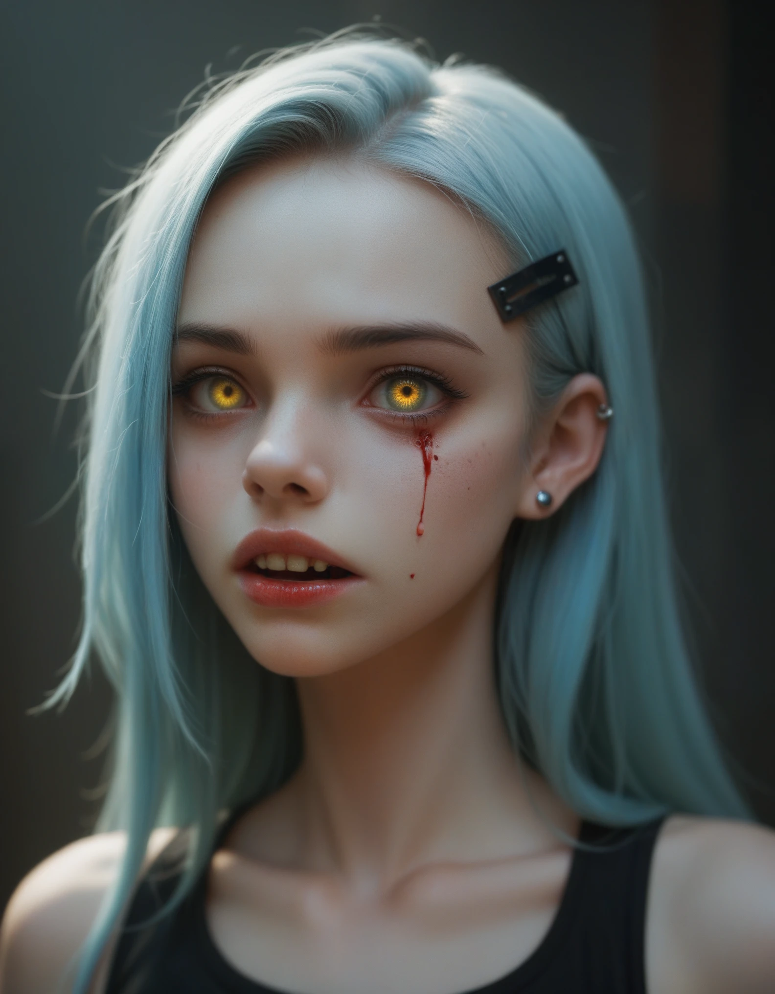 Digital illustration featuring a young woman with pale skin, light green eyes, and long, light blue hair adorned with black hairpins. She has a nose ring and multiple ear piercings, and her face is marked with blood streaks. The background is dark, and she is accompanied by a menacing black wolf with glowing yellow eyes and sharp, exaggerated teeth. The wolf's head is positioned close to her, creating a sense of eerie companionship. The overall style is dark and gothic, with a focus on contrast and dramatic lighting. In the bottom left corner, the text "ArtVision1999" is emblazoned in a bold, blood-red font, adding an extra layer of mystery to the ominous scene.