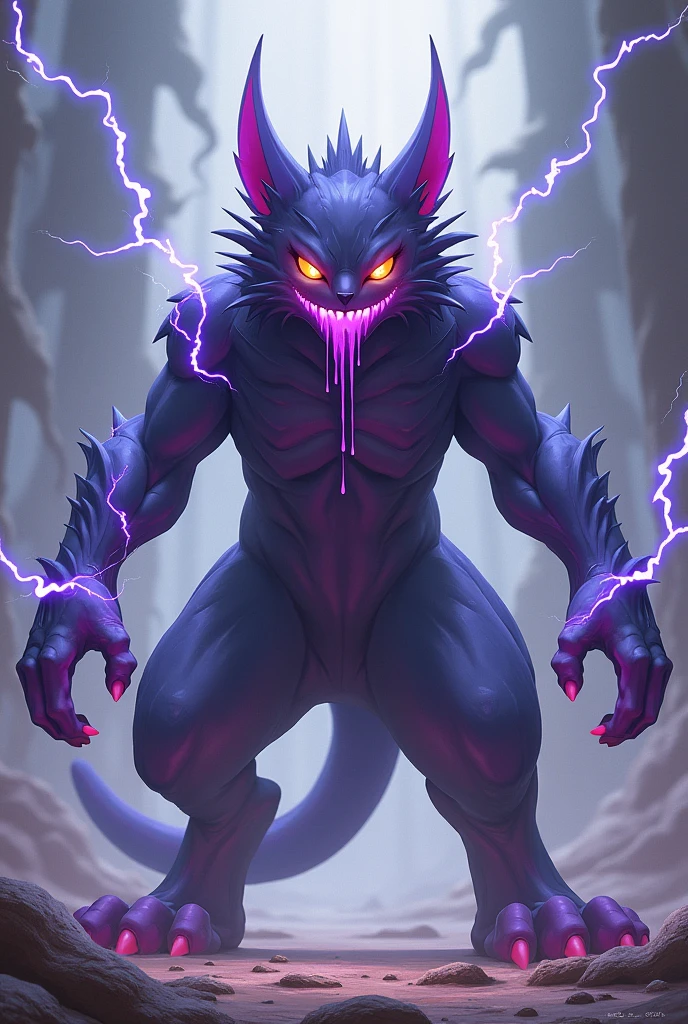 A 2 meter tall Cat Pokemon that walks on two legs and has two lightning-like arms and a purple substance dripping from its mouth.