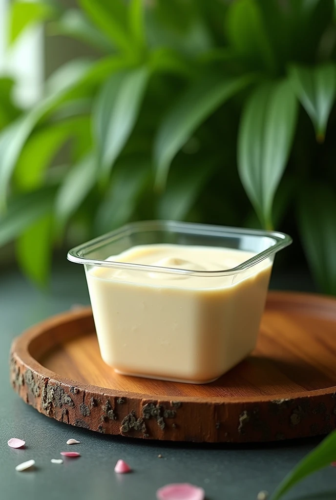A mousse inside a square plastic pot with a green plant background, the mousse pot will be on top of a wooden tray