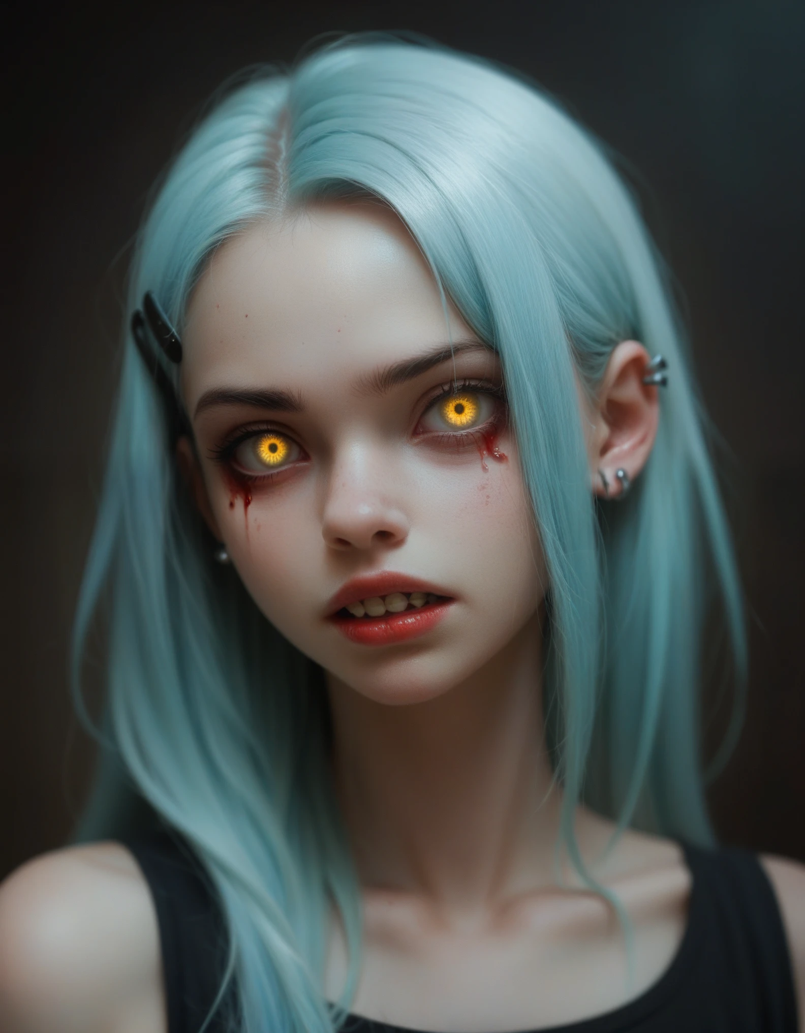 Digital illustration featuring a young woman with pale skin, light green eyes, and long, light blue hair adorned with black hairpins. She has a nose ring and multiple ear piercings, and her face is marked with blood streaks. The background is dark, and she is accompanied by a menacing black wolf with glowing yellow eyes and sharp, exaggerated teeth. The wolf's head is positioned close to her, creating a sense of eerie companionship. The overall style is dark and gothic, with a focus on contrast and dramatic lighting. In the bottom left corner, the text "ArtVision1999" is emblazoned in a bold, blood-red font, adding an extra layer of mystery to the ominous scene.