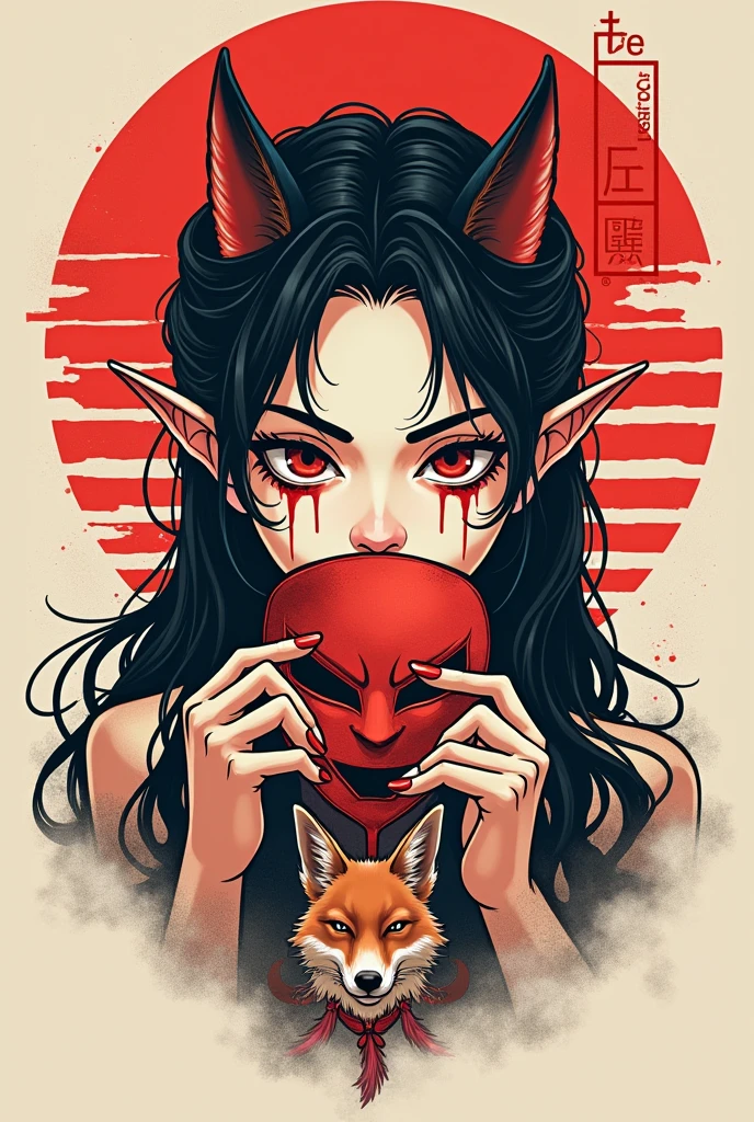 Could you create an anime-like image for a tattoo of an oni woman?, she is holding a man's mask that only covers her mouth and she has small horns and a fox next to her and red lines around her