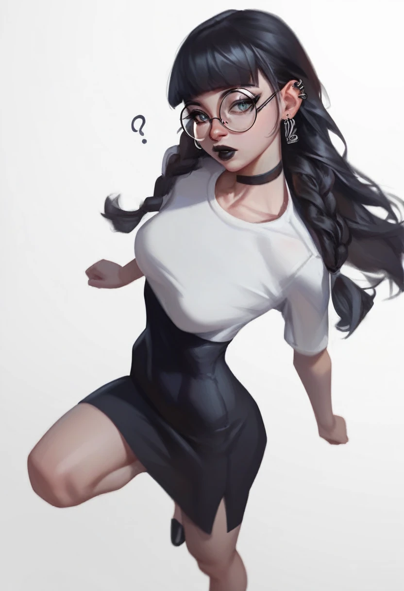 bblurry, traditional art, liu2, brush texture, punctuation_9, punctuation_8_High above, punctuation_7_High above, 1 girl, Bblack hair, braids, slickedback hair, long hair, grey-eyed, thick lips, mic, long eyelashes, half-closed eyes, black frame glasses, round glasses, black choker, Blunt bangs, grown-up, black eyeliner, breasts big, ear piercing, black lips, grey-eyedhadow, looking ahead at viewer, break solo, standing, grown-up, skinny, leg high, arched back, tight slit, break (white background:1.2), simple background, dynamic pose, dynamic angle, angled shot,