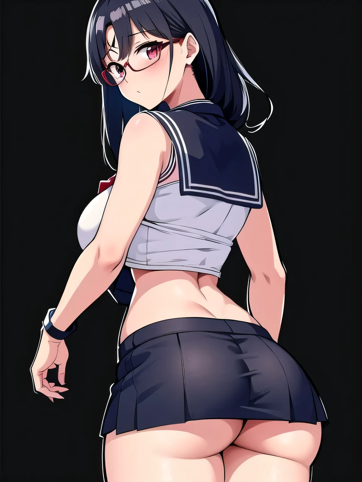 a black ink drawing in outline and colors, character: Hayase Nagatoro in a uniform consisting of an unbuttoned blouse with a wide neckline showing a bra and thong under a cowboy mini skirt, She is a girl with a large but firm and rounded bust with covered nipples, She likes sexy poses, Open legs and rounded and firm butt like her heroine Sailor Moon, Leaning forward, slightly lifting her miniskirt, you can see her buttocks.,1 girl view. (The work signed by "MemMt" In the lower right corner), white background, rear side lighting, full body shot, Sexy angle,