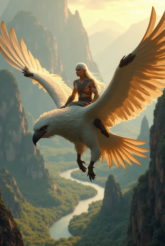 Creates a silver-haired elven man is riding a griffin flying over the skies of Panguea