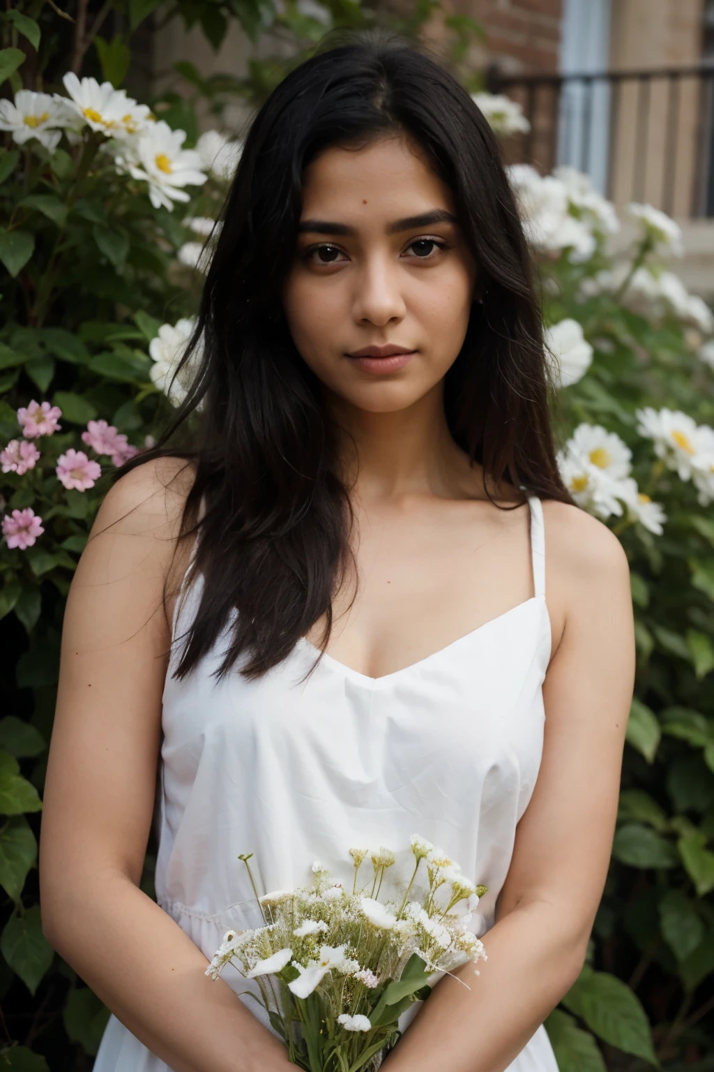 woman with Indian features, straight black hair, aged 25 years, with flowers in the background