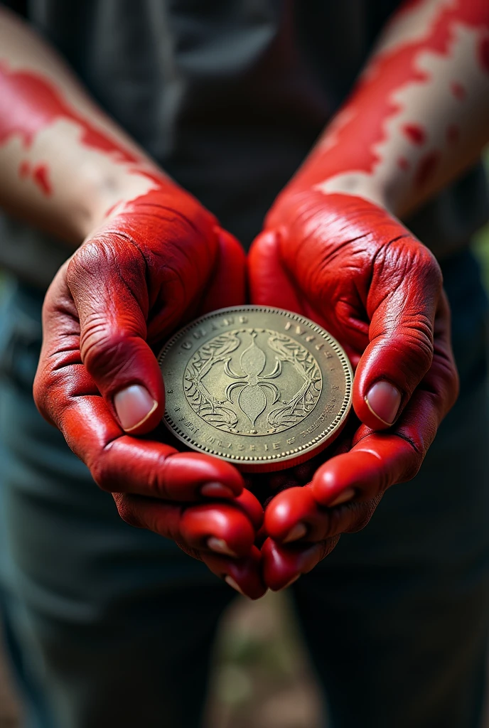 Hands dirty with red paint holding coin