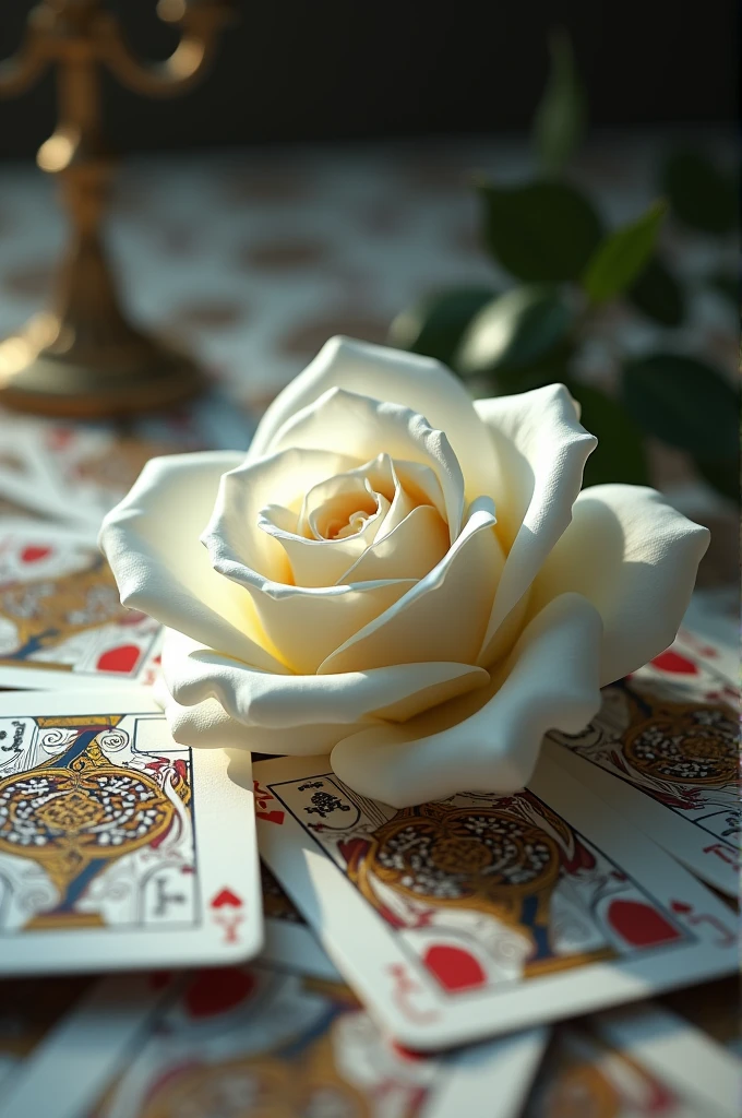 A white rose on top of cards for a queen