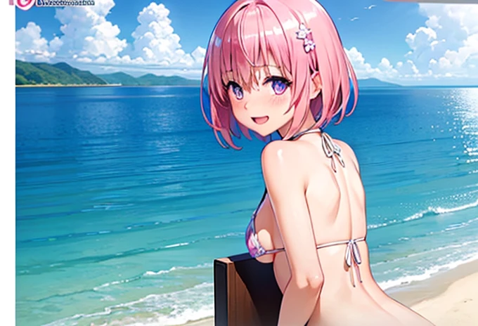 (Highest quality), (masterpiece), high resolution, Realistic texture, close,Beach、Extremely small sexy micro bikini
, momo velia deviluke, Sexy Pose、hair ornaments, Bobcut, Short Hair Pink Hair, Purple eyes, (Big Breasts),  , ,  (blush:1.2), smile,smile、Open your mouth
、On all fours、Shooting from behind、looking at the camera