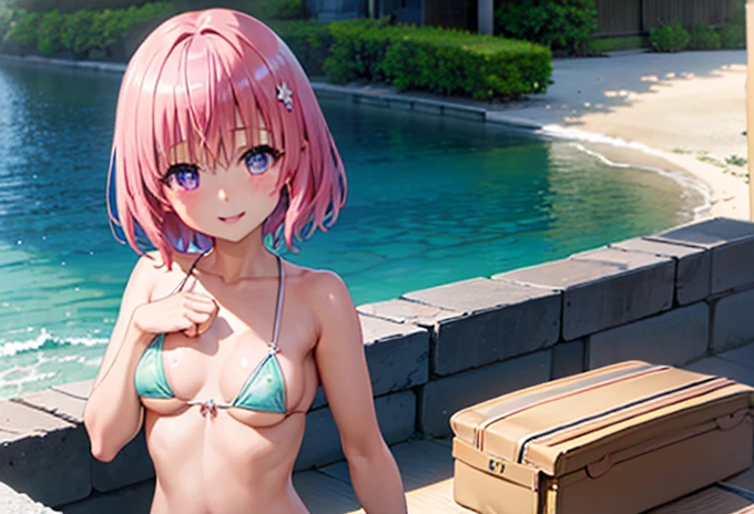 (Highest quality), (masterpiece), high resolution, Realistic texture, close,Beach、Extremely small sexy micro bikini
, momo velia deviluke, Sexy Pose、hair ornaments, Bobcut, Short Hair Pink Hair, Purple eyes, (Big Breasts), , , (blush:1.2), smile,smile、Open your mouth
、On all fours、Shooting from behind、looking at the camera