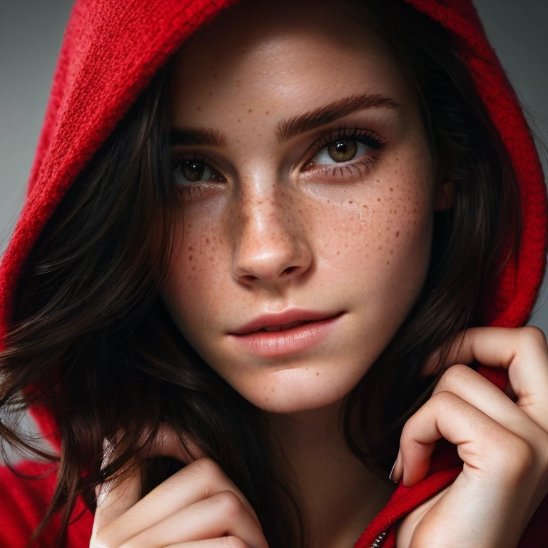 ((( face de Emma Watson:0.9))) a close up of a woman with freckles on her face and a red sweatshirt, face perfect ), beautiful and attractive face, woman with beautiful face, photoBeautiful realistic face, beautiful model girl, beautiful model , ultra beautiful face, Beautiful realistic face, Beautiful realistic face, beautiful model, attractive girl, photo of a beautiful woman, hyperBeautiful realistic face, beautiful fine facial features