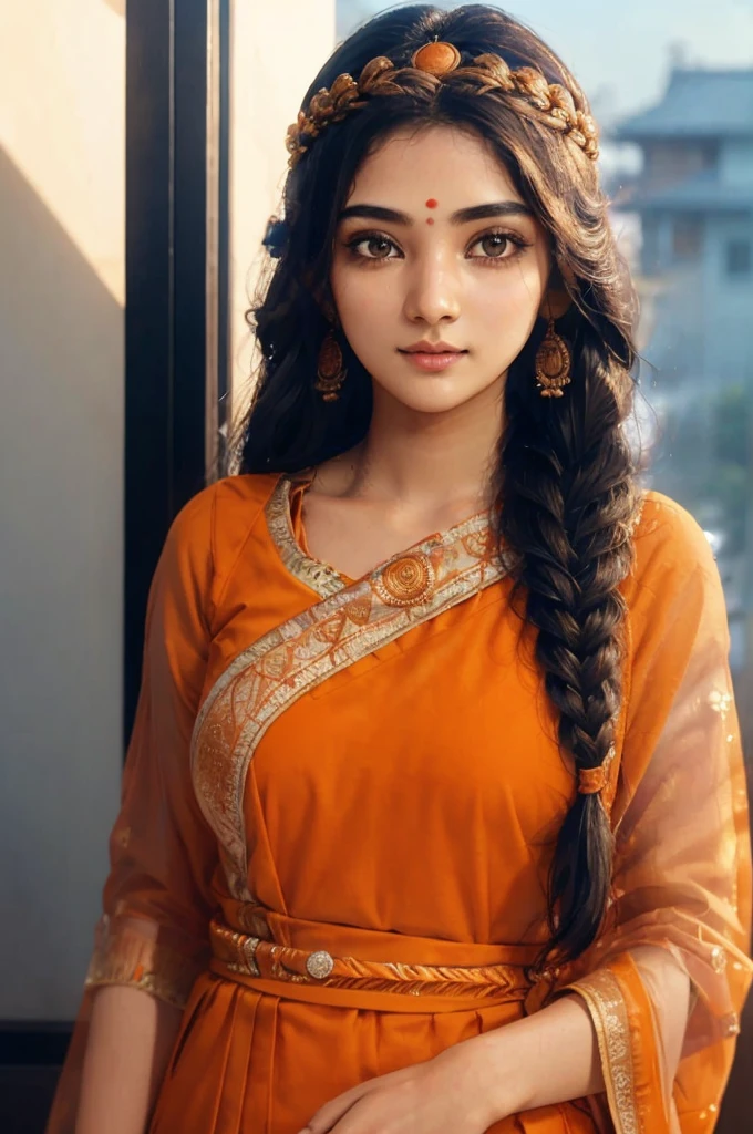 Beautiful woman, 25yo student, beautiful orange kurti dress, covering her body with transparent chunari, (orange bindi on head), during daytime, yamamura, calm and cool, Detailed body, Detailed face, ((orange eye)), shiney body, Gorgeous, A hyper-realistic, Charming, beautiful, Long braided hair, Ambient lighting, Foggy, Winters, Detailed background, Volumetric lighting, Shadow, 8K