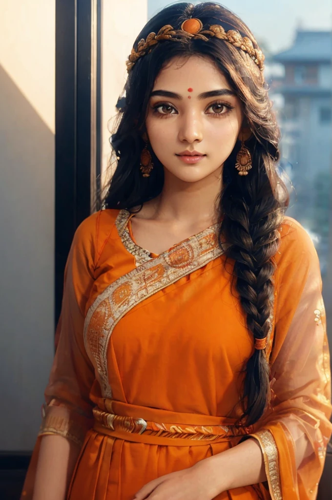 Beautiful woman, 25yo student, beautiful orange kurti dress, covering her body with transparent chunari, (orange bindi on head), during daytime, yamamura, calm and cool, Detailed body, Detailed face, ((orange eye)), shiney body, Gorgeous, A hyper-realistic, Charming, beautiful, Long braided hair, Ambient lighting, Foggy, Winters, Detailed background, Volumetric lighting, Shadow, 8K