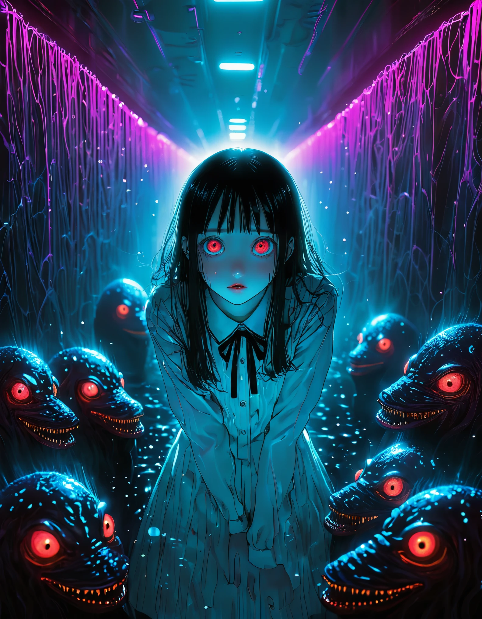 surreal horror, anime style, directed by Junji Ito, high contrast, vivid colors, eerie atmosphere, psychological tension, intricate line work, nightmarish creatures