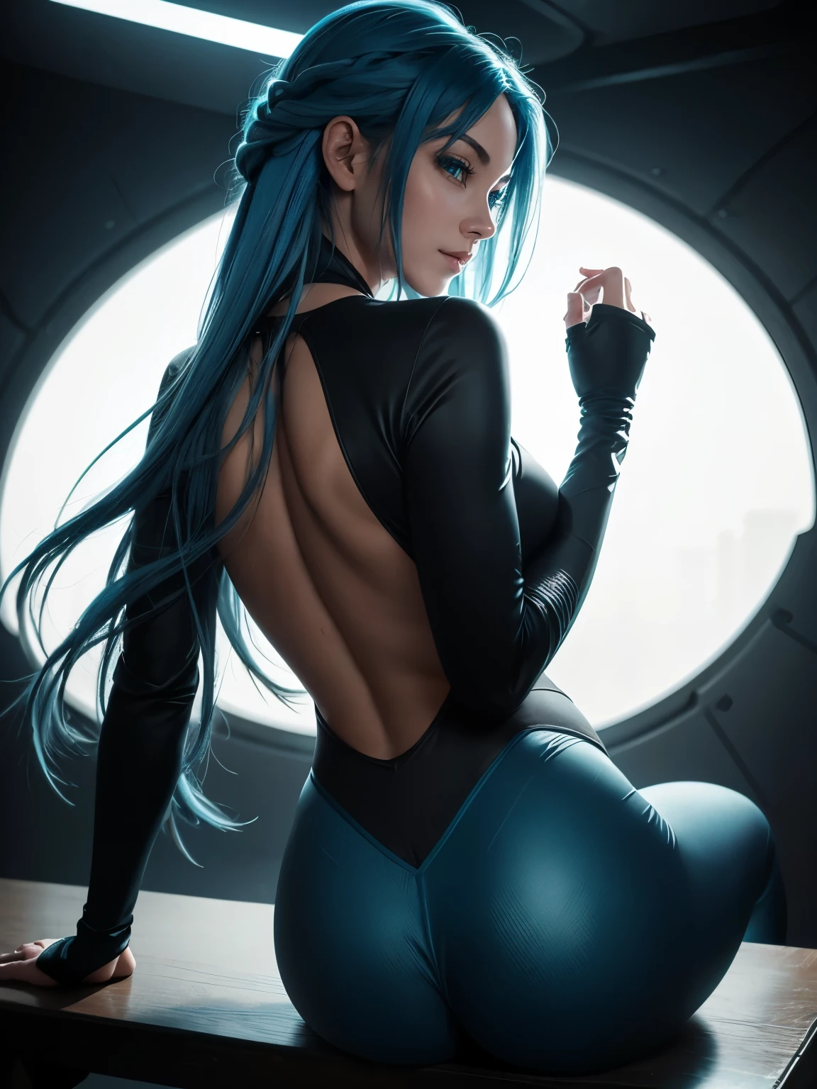 highly detailed, 8k resolution, masterpiece, one girl, blue_hair_tubes, sitting on a bench, back_arch, (ideal_Face), playful_smile, impressive lighting, 4k, detailed_background, vibrant, full_body, (hyper-realistic:1.3) (Beautiful lighting:1.3), vibrant, dynamic lighting, warm cozy neon lighting, Hot tall sexy girl with perfect figure, sitting with her back fully exposed, her long blue hair pulled forward over her shoulder, completely bare back with a slight arch, as if she's proudly showing off her beautiful back, her hand casually holding a removed sports top in front of her chest, while her back remains entirely visible, focus on the smooth curve of her back, wearing leggings with neon green accents, her buttocks fully covered in leggings, camera angle from behind, centered on her bare back, futuristic spaceship interior with soft, ambient lighting.