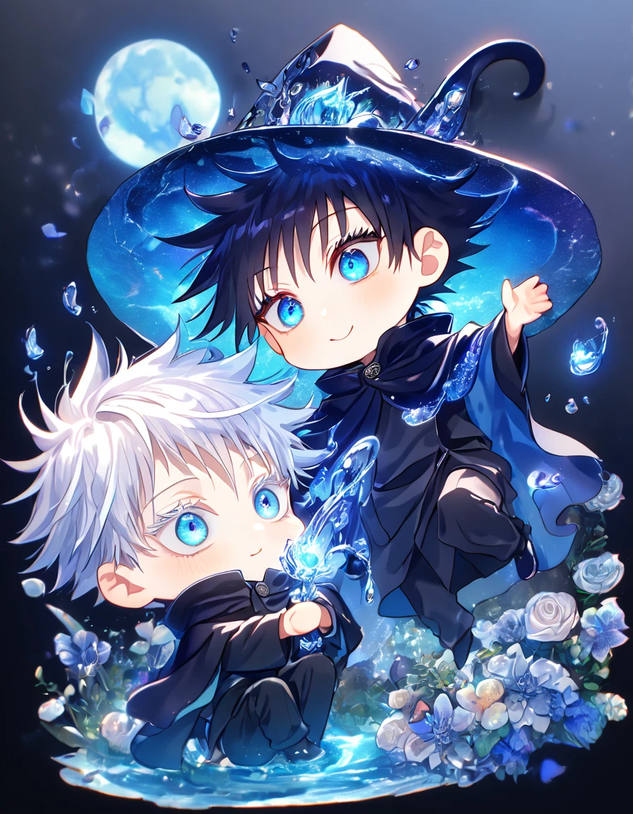 absurdres, highres, ultra detailed, HDR, master piece, Gojou Satoru chibi, white hair with bangs, white eyelashes, expressive blue eyes, Fushiguro Megumi chibi, black hair, expressive blue eyes, expressive blue eyes, Jujutsu Kaisen, magical hat, cute, best quality, blue moon, flowers, fantasy, magical, two boys hugging, yaoi, gay couple, water, blue shining fireflies, blue petals, cape, smiling