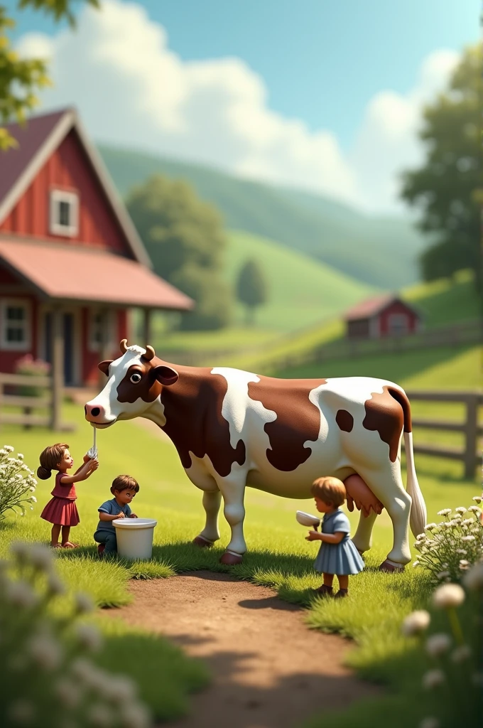 Create a picture of little people next to a dairy cow and milk, make it look realistic
