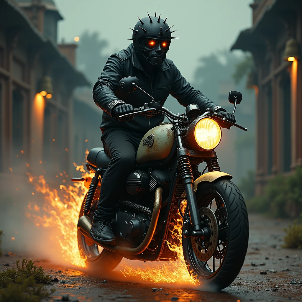 Visualize a frightening specter embodying the essence of a daredevil motorcyclist, drenched in ethereal flames, emerging from a dramatic and slightly eerie Indian backdrop. Ethnic motifs, symbols, and Indian architectural elements should be discernible in the scene, subtly hinting at the ghost rider's geographical origin. (((The figure is wearing a worn black leather jacket))), spiked helmet and is seen straddling a heavily modified, vintage motorbike that also seems to be engulfed in the same spectral flame. The overall image should convey a sense of the supernatural juxtaposed with an undeniable love for free-spirited biking adventures.