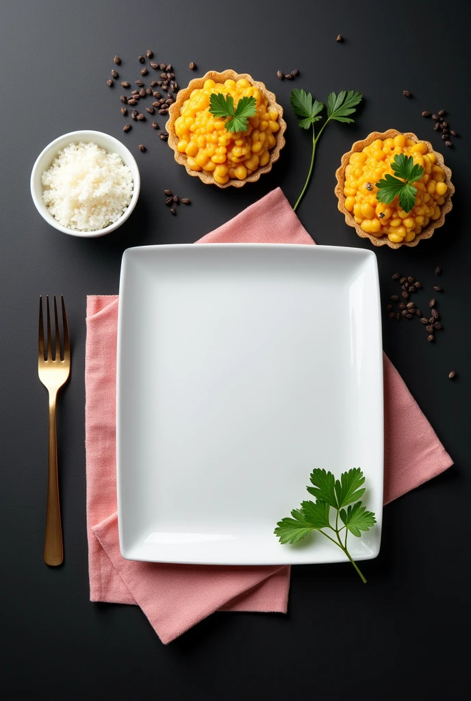 EMPTY rectangular white plate on top of a small pale pink satin napkin. On the sides of the main dish there should be a small white bowl containing rice and two tartlets of crushed yellow Peruvian beans that have parsley leaves as decoration.. The presentation is neat, Everything is elegantly placed on a black surface that contrasts with the plates where there are small seeds.. The photo must be taken from below, naturally. The image should be wide to the sides, horizontally.