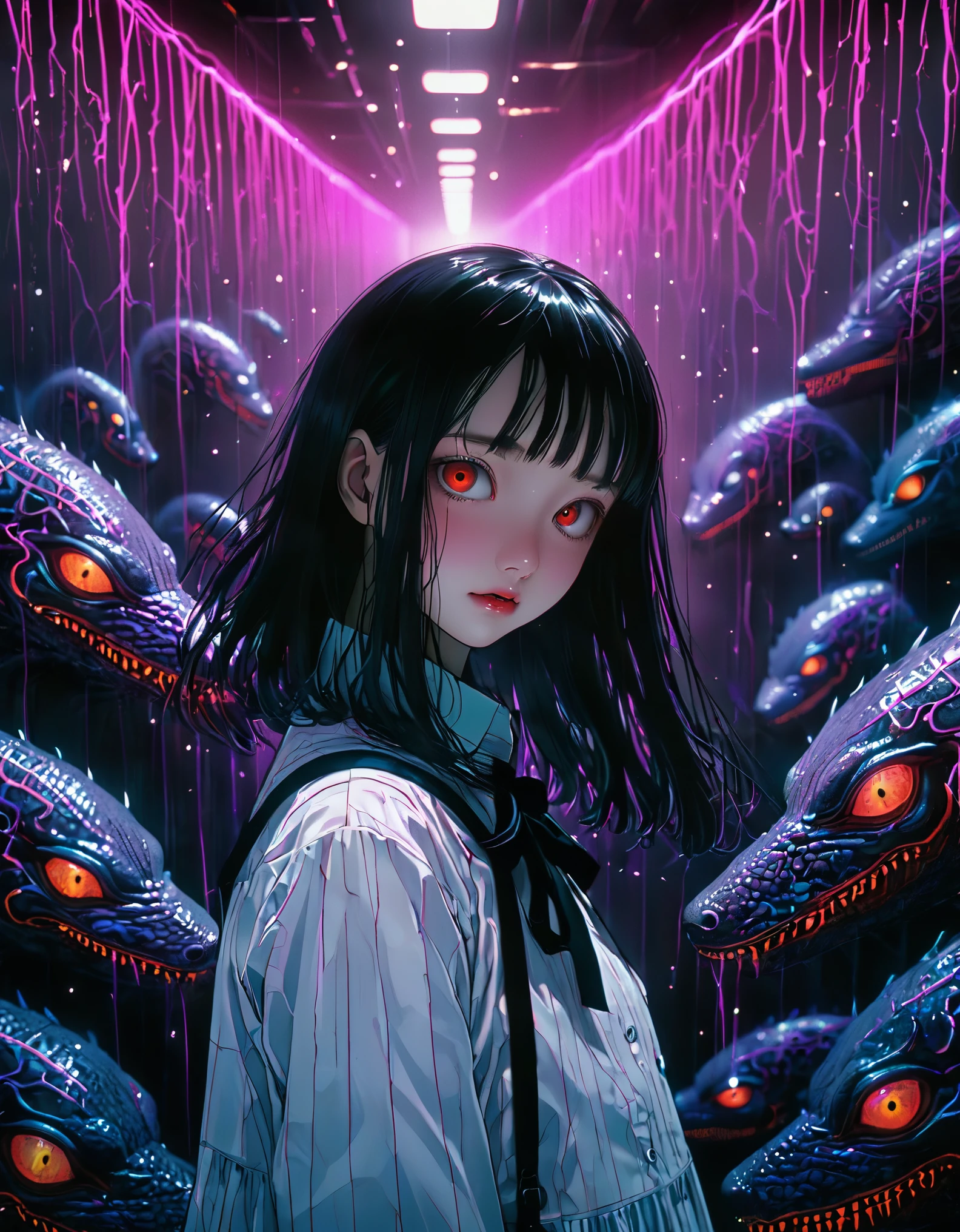 surreal horror, anime style, directed by Junji Ito, high contrast, vivid colors, eerie atmosphere, psychological tension, intricate line work, nightmarish creatures