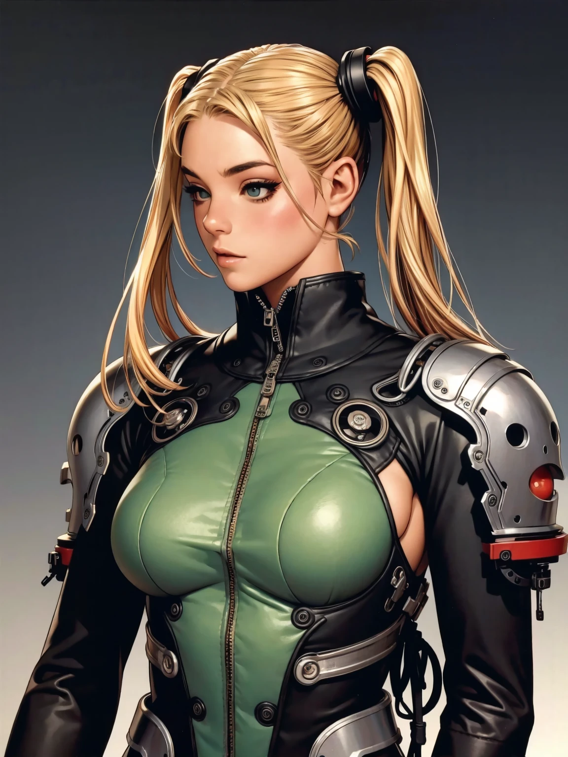 A very cute and wicked girl at the same time, biker clothes, Motorcycle of the future, Tokyo of the future, blonde, ponytails hair, cyberpunk biker jumpsuit, holding a skull shaped helmet, in the background a futuristic city with futuristic skyscrapers, tight clothing, intricate visual, (((fully body)))