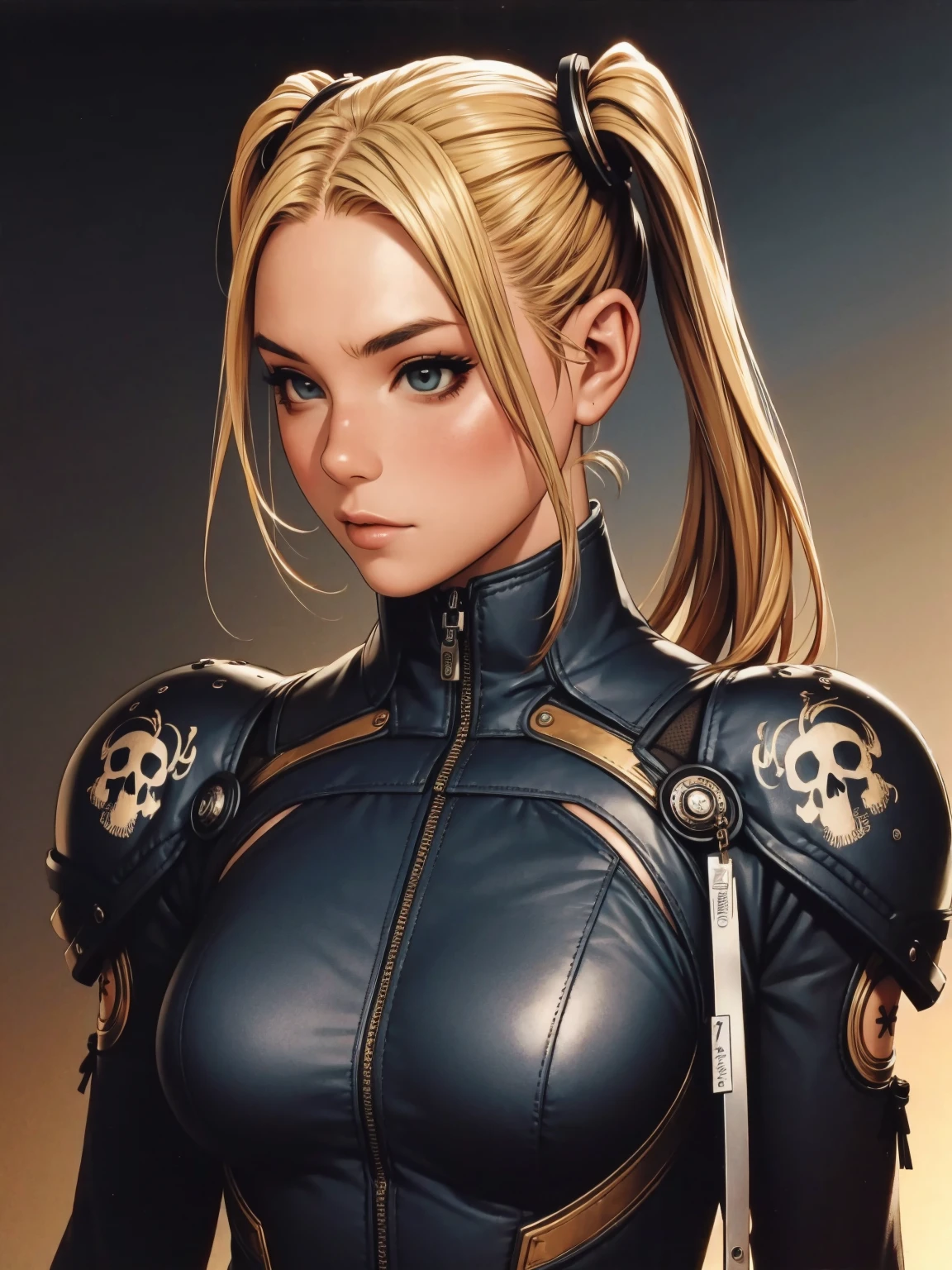 A very cute and wicked girl at the same time, biker clothes, Motorcycle of the future, Tokyo of the future, blonde, ponytails hair, cyberpunk biker jumpsuit, holding a skull shaped helmet, in the background a futuristic city with futuristic skyscrapers, tight clothing, intricate visual, (((fully body)))