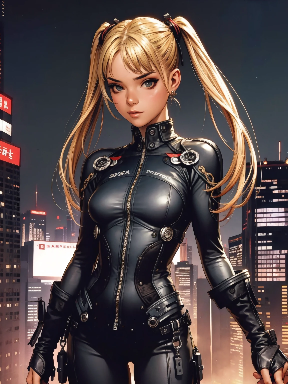 A very cute and wicked girl at the same time, biker clothes, Motorcycle of the future, Tokyo of the future, blonde, ponytails hair, cyberpunk biker jumpsuit, holding a skull shaped helmet, in the background a futuristic city with futuristic skyscrapers, tight clothing, intricate visual, (((fully body)))