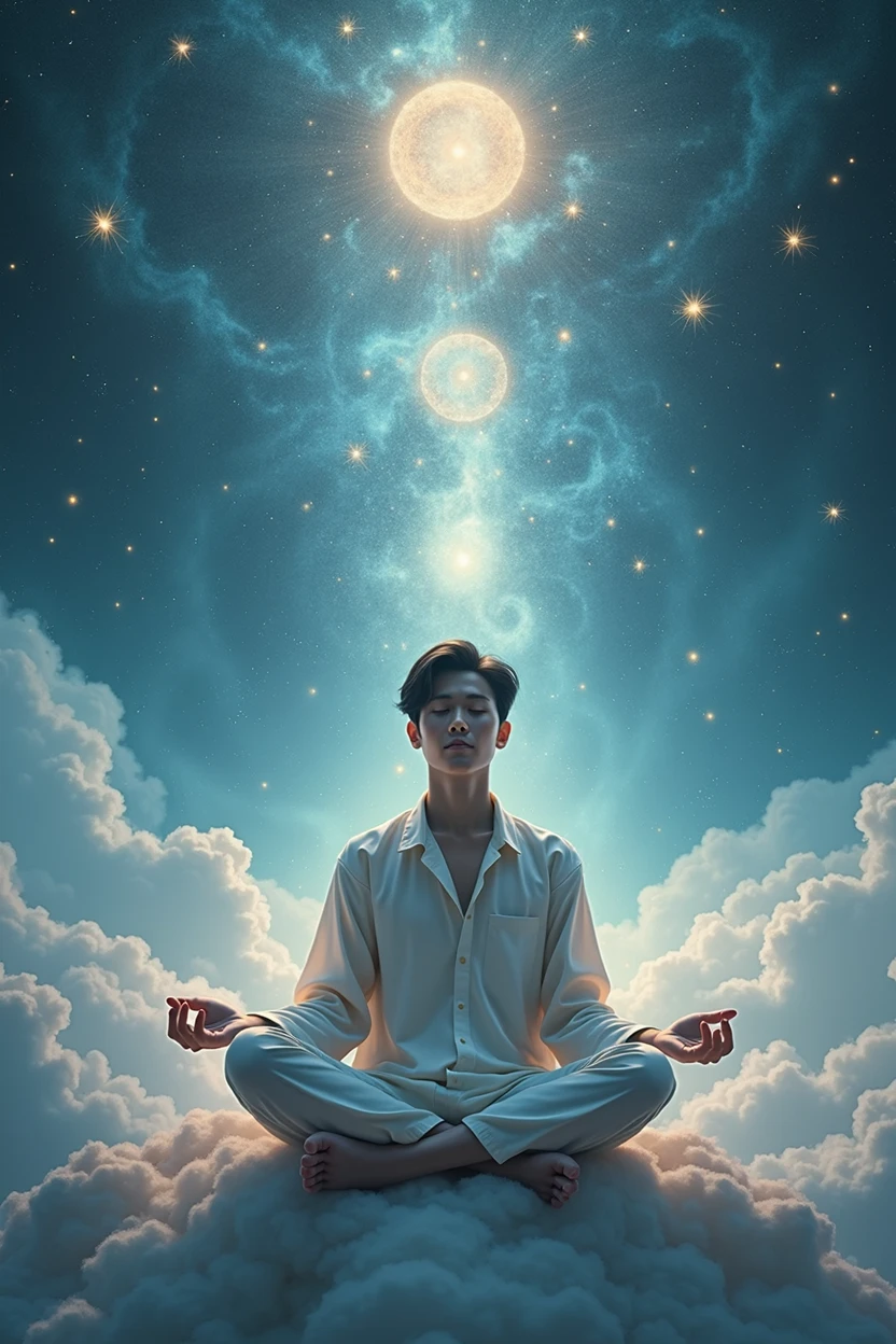 asian in astral background meditating
