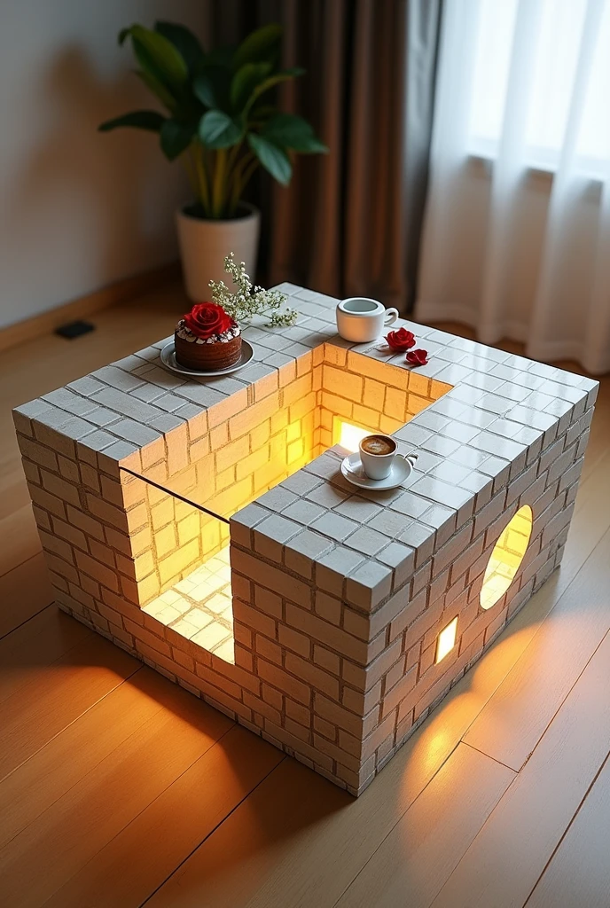 Small square coffee table handcrafted, featuring a reflective glass top that creates a visual effect of a stunning tunnel-like interior, lit from the inside by warm white LED lighting.. The sides are covered with brick wallpaper that simulates the look of 3D textured wallpaper.. The table is decorated with simple decorations such as small flowers, a cake and accessories containing a red rose and a coffee cup.. The table is placed on a light-colored wooden floor.. The table design combines simplicity and elegance with a touch of modernity, making it a distinctive piece of art in any room or living room.