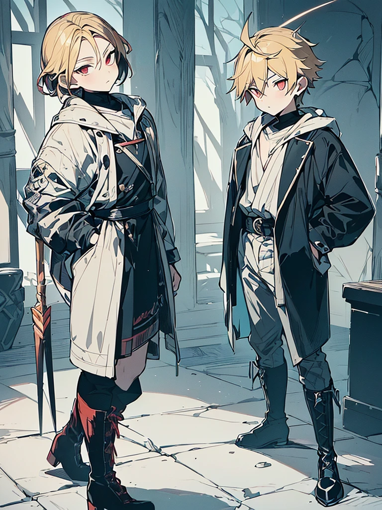 ((highest quallity)),((detailed anime)),((( Young short blond boy, vibrant red eyes, child's appearance. His hair is blonde. He is wearing clothes that are too big for his size and wearing big boots., having a creative weapon that looks like a large skewer. he has fire powers, Creates a supernatural atmosphere of fighting. fantasy art style, Detailed and vivid textures, cool color palette))),((Be careful when browsing)),(((pose sexy))