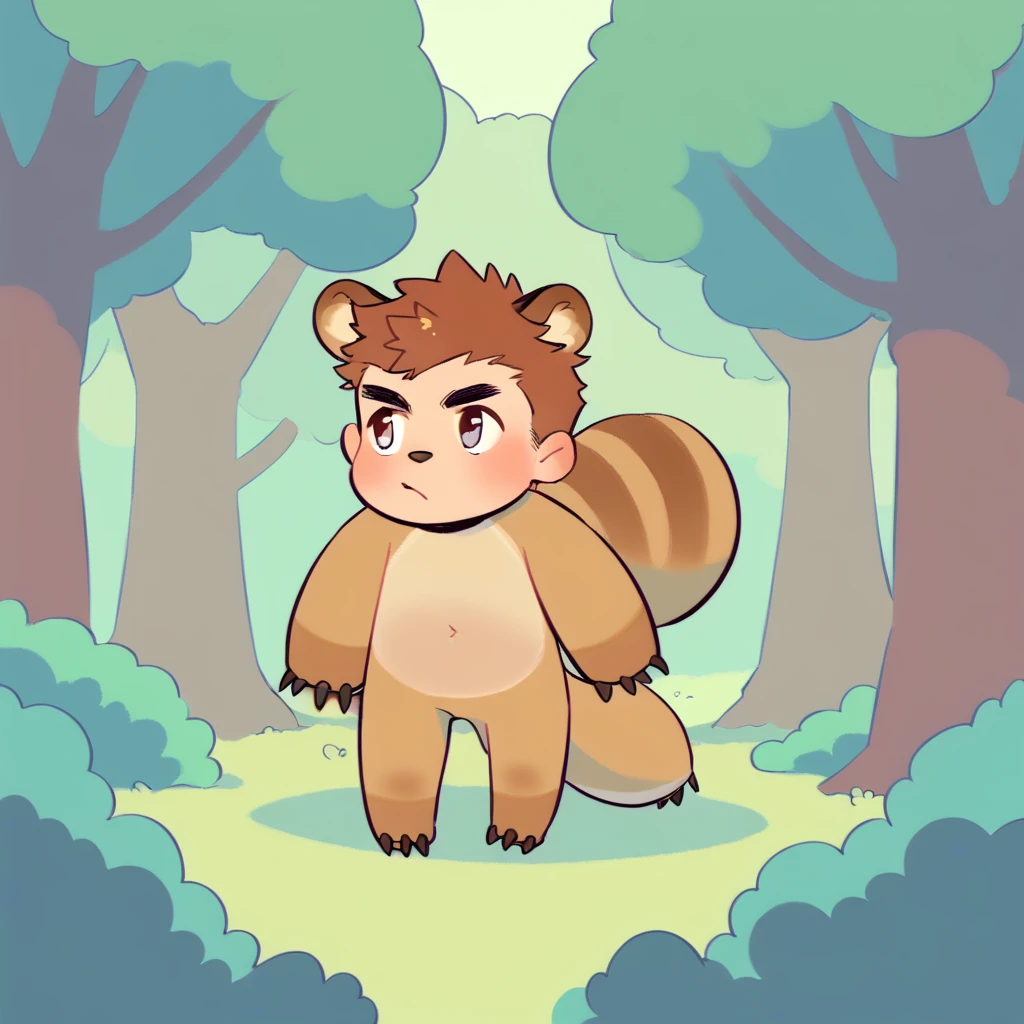 score_9, score_8_up, score_7_up, rating_explicit, source_anime, the adventure of a brown bear boy, forest, chibi, green pastel colors, monster boy, hybrid, join the party