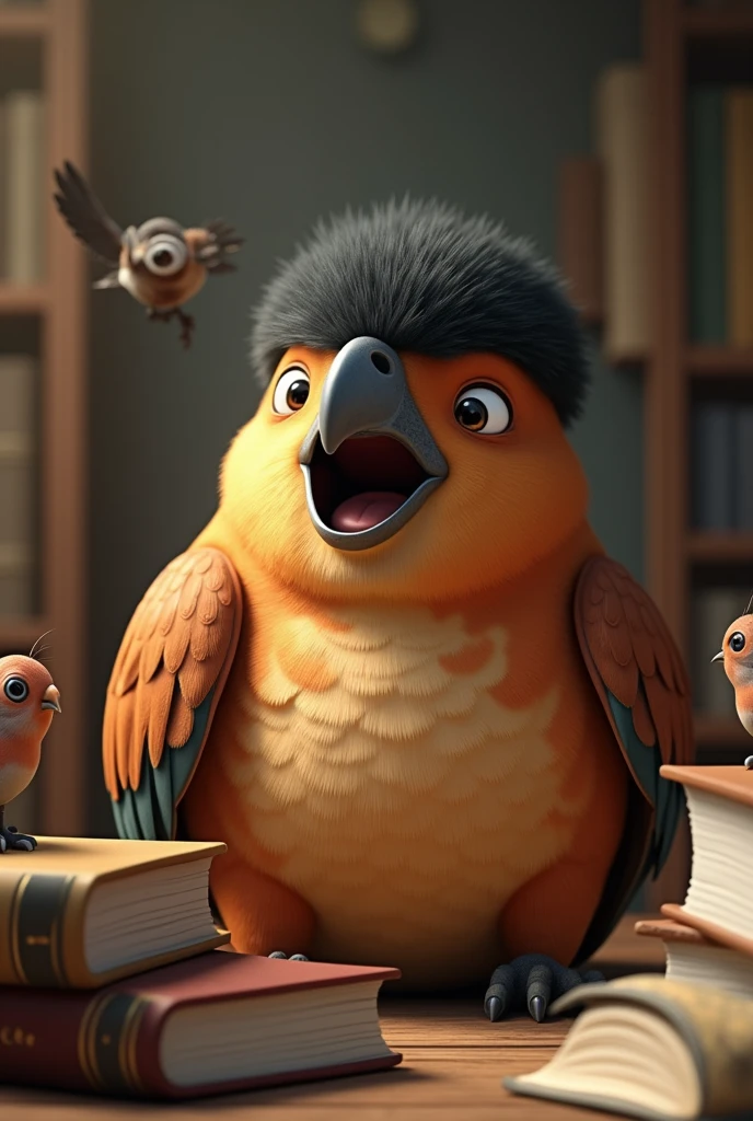 Photograph of a fat brown parrot with a black cap. Sitting in front of books. He is chatting with friends. He has a mole under his right eye. Chubby and chatty parrot. Details on the feathers. Big black cap. Realistic details. Chubby cheeks. Brown color. Open peak with pullover