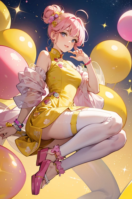 Bubbleisha has soft pink lips and wears her matching colored hair up in buns held by large yellow and red bubblegum spheres. Her bangs are swept to the left. She wears a white and yellow cheongsam with red, pink and yellow spheres decorating the lower half and a hot pink ribbon wrapped around the middle. She also wears pale pink tights and hot pink slippers with yellow lining and anklets. SPARKLE; GLITTER