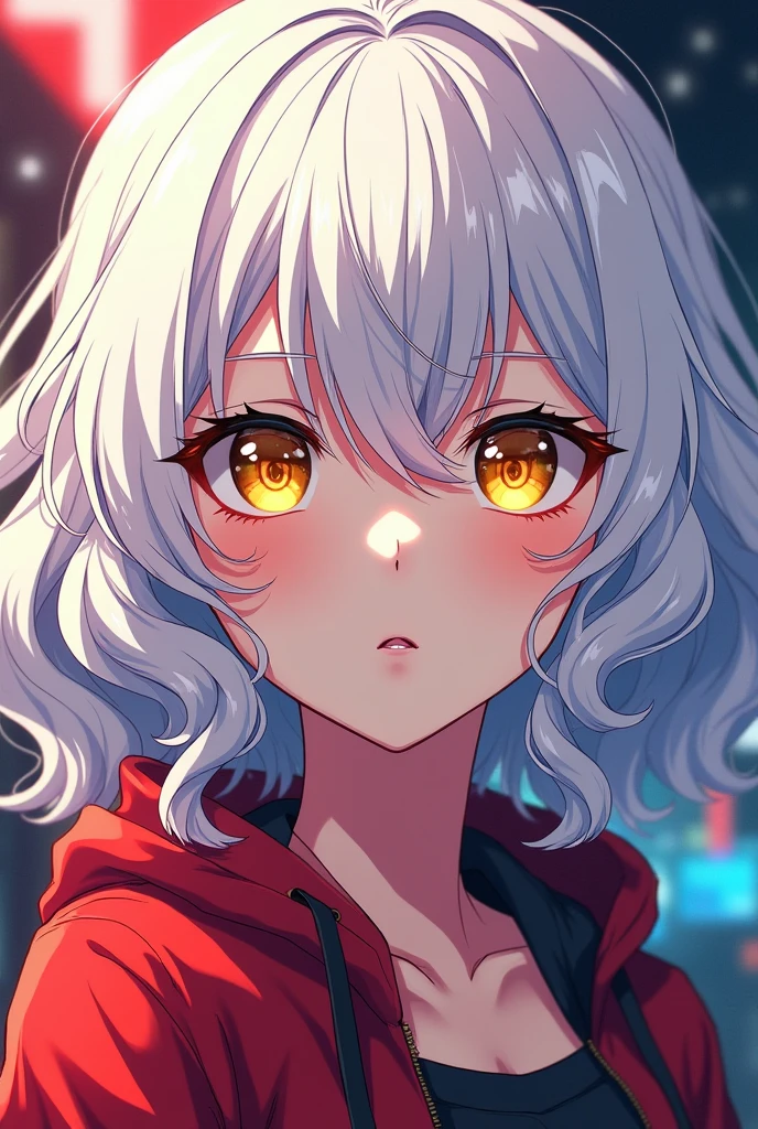 make a girl aged 15, with the style of the anime Tokyo Revengers, She has medium length white wavy hair, yellow eyes and white skin