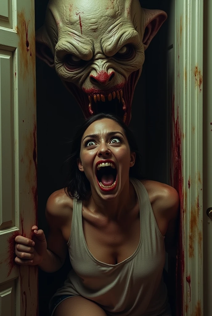 A terrified woman being eaten alive by a scary bloody face coming out of the walls in her house, gore, blood, nightmare 