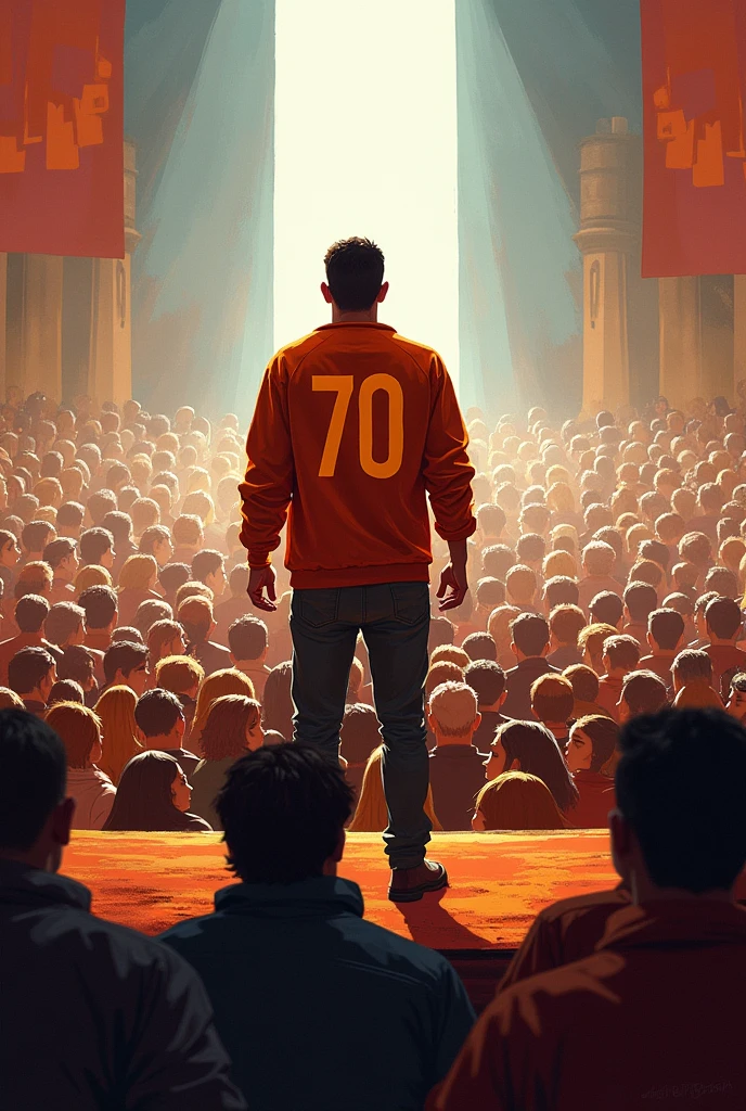 Drawing of a leader on a stage talking to a crowd of people wearing an orange shirt with the number 70