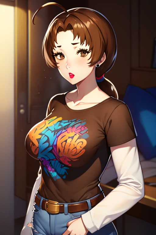 deliaketchum, brown hair, (brown eyes:1.7), parted bangs, (ahoge:1.5), ponytail, low ponytail,glossy lips, light makeup, eye shadow, earrings ,1girl, solo, standing, black t-shirt, white shirt, blue jeans, belt, lipstick, large breasts