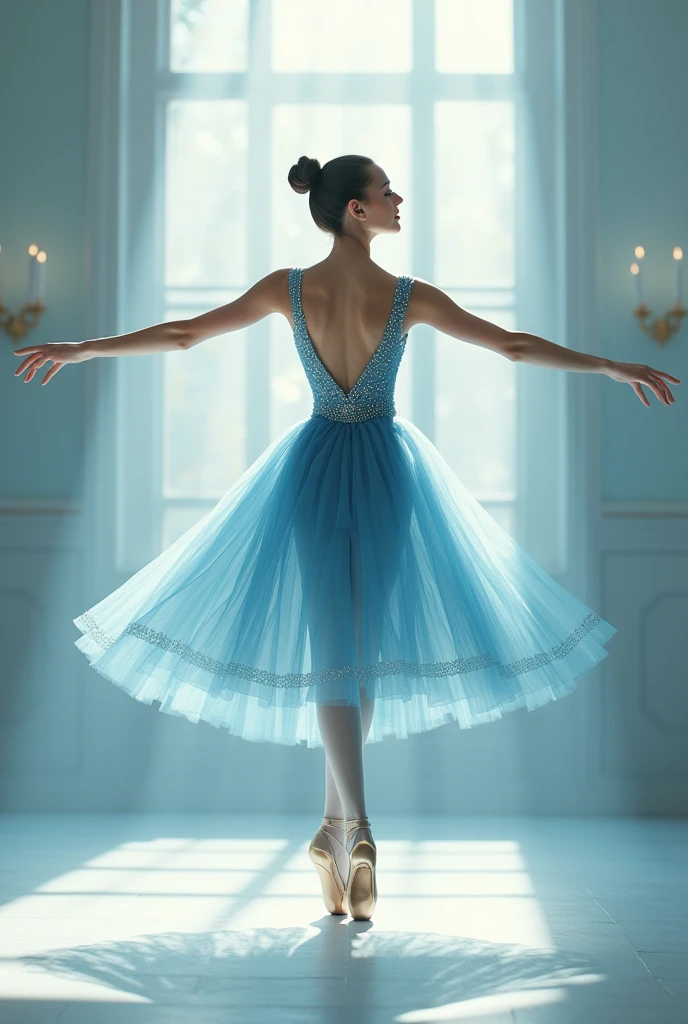 Ballerina doing ballet pose in classic blue studded outfit in beautiful light setting without dark background and with luxurious details 