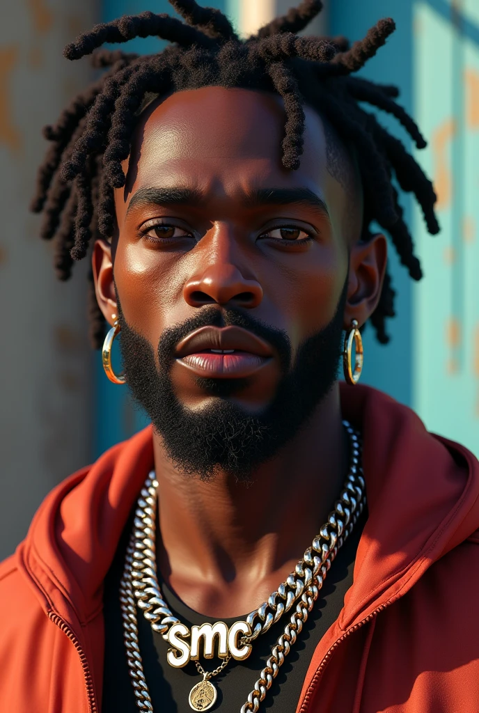 A black man with a bit of beard and a droopy rasta hairstyle, an ice chain with the name &#39;&#39;smc&#39;&#39; around its neck. Gta v mode. Very realistic in 4k