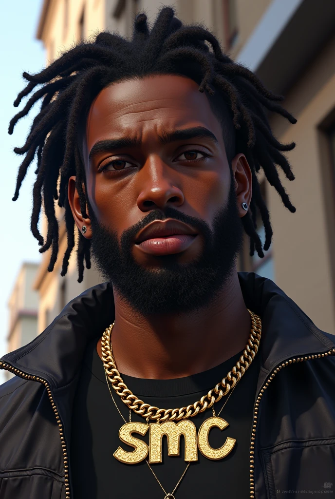 A black man with a bit of beard and a droopy rasta hairstyle, an ice chain with the name ''smc'' around its neck. Gta v mode. Very realistic in 4k