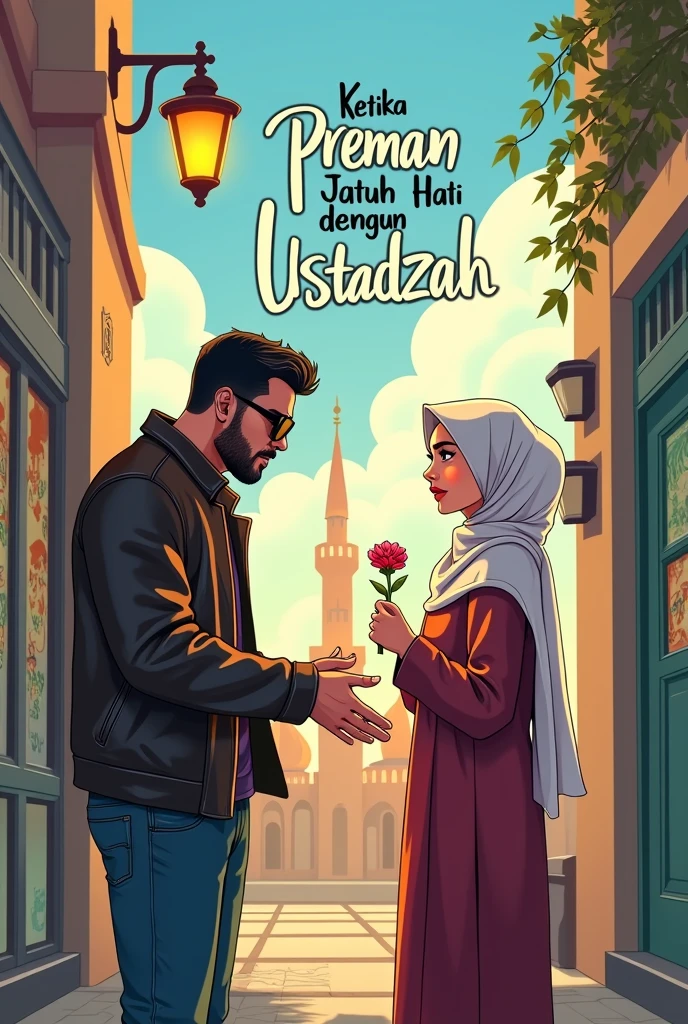 (Create a book cover illustration for a romantic comedy novel titled "Ketika Preman Jatuh Hati dengan Ustadzah." The cover should depict a humorous yet heartfelt scene. On one side, there's a tough-looking gangster, wearing a leather jacket and sunglasses, holding a flower awkwardly, trying to impress a modestly dressed ustadzah (female religious teacher). She stands on the other side, wearing a traditional Muslim dress and headscarf, looking surprised but with a hint of a smile. The background should be a light-hearted blend of urban street elements on one side and a peaceful mosque on the other. The title should be prominently displayed at the top with playful yet elegant font, and the author's name at the bottom.