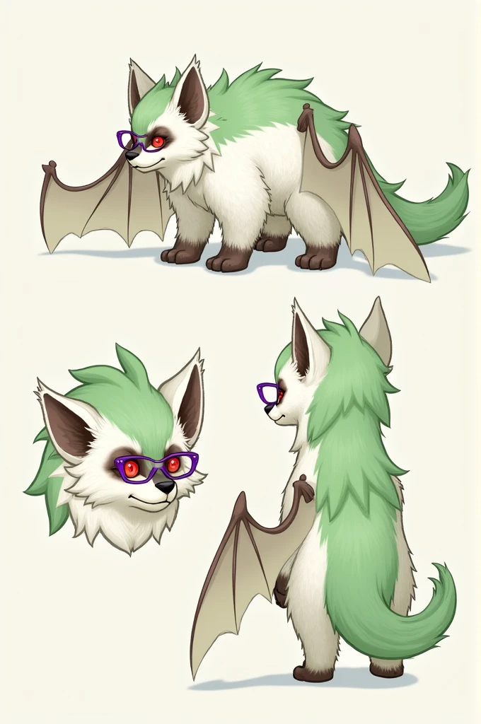 Make a reference sheet of a hyena and a furry bat where the bat predominates more, that its fur is white and green and that it has wings on its forearms, His eye color is red and he wears small purple glasses and his face is a bit like a joker.