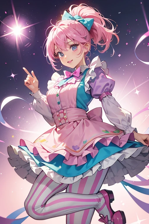 This Bubbleisha has fuchsia lipstick and her hair is dyed baby blue, hot pink, and pastel pink, worn in a ponytail on the right of her head in two, large separate swirls held by pink and purple pieces of gum. She wears a light pink puffy dress with dots covering the sleeves and a pastel design around the skirt. Her apron is hot pink with a yellow candy design and purple buttons, and at the middle of her chest is a blue bow-tie. She wears swirled, striped tights and shoes matching her dress. SPARKLE; GLITTER