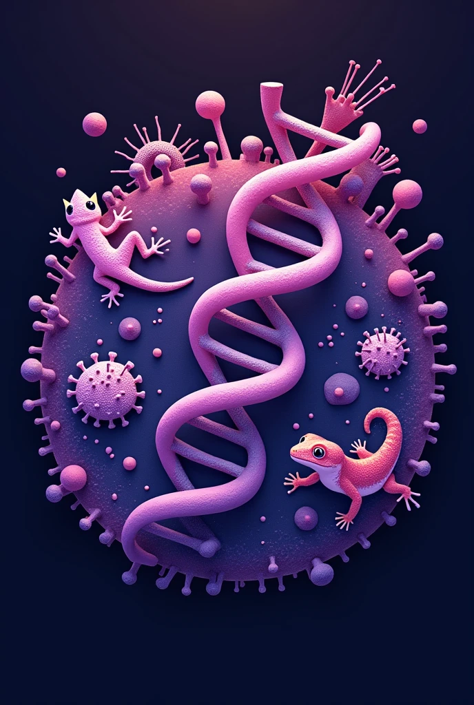 A type of logo or circular image that represents the career of biochemistry and biotechnology. It may be a DNA, with some enzyme cutting it, and bacteria or microorganisms together in the image, that everything is related as if for a propaganda photo. That it has molecular things like a virus too. Put a gecko somewhere and have the DNA open as if the enzyme was cutting it. Let it be a more striking color like purple with other colors.