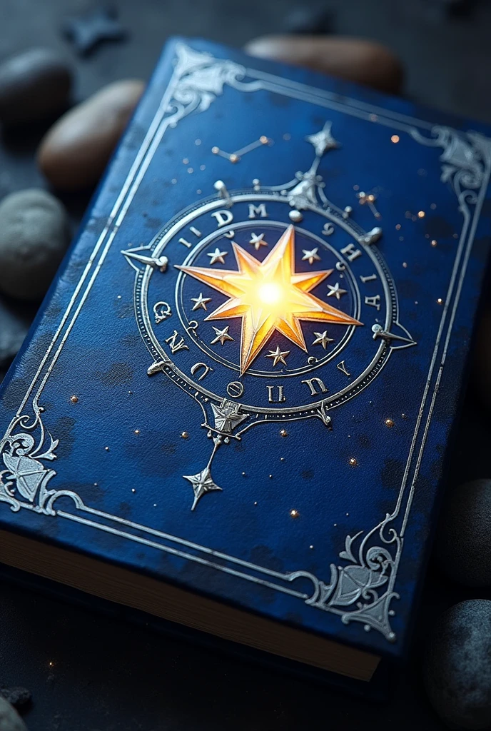 Imagine an ancient grimoire with a deep blue leather cover, similar to the night sky. Engraved on the cover, there are silver constellations that shine softly, como estrelas. In the center of the cover, a larger star-shaped symbol glows in gold, representing cosmic power, Around the larger star is the symbol of the Spade Kingdom of Black Clover.. The pages of the grimoire appear to be made of an ethereal material, almost translucent, as if they were made of pure starlight. The grimoire emits a magical aura reminiscent of the vastness of space and the infinity of the stars..