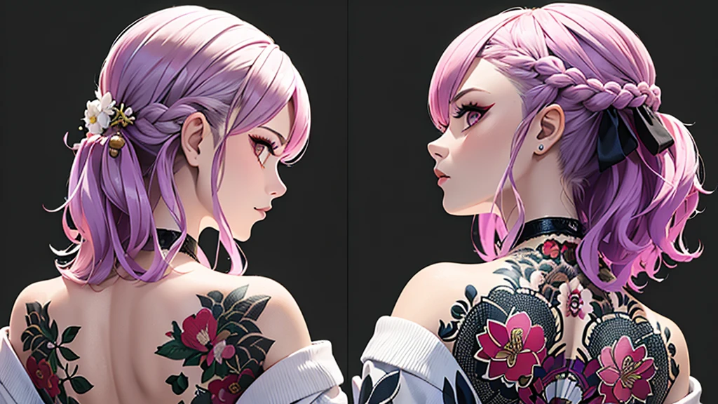 (masterpiece, top quality, best quality, official art, beautiful and aesthetic:1.2),1girl, tattoo, solo, japanese clothes,  hair ornament, unsheathing, pink hair, sheath, back tattoo, violet eyes,  off shoulder, bare shoulders, looking back, from behind, flower, looking at viewer,  holding, makeup, 
indoor, orejas de gato rosa